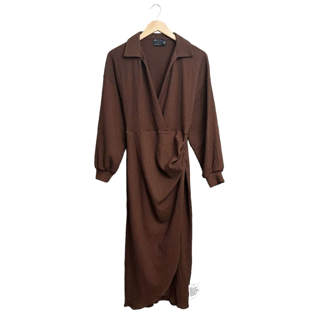 ASOS Design Textured Wrap Midi Dress Brown - Picture 2 of 7